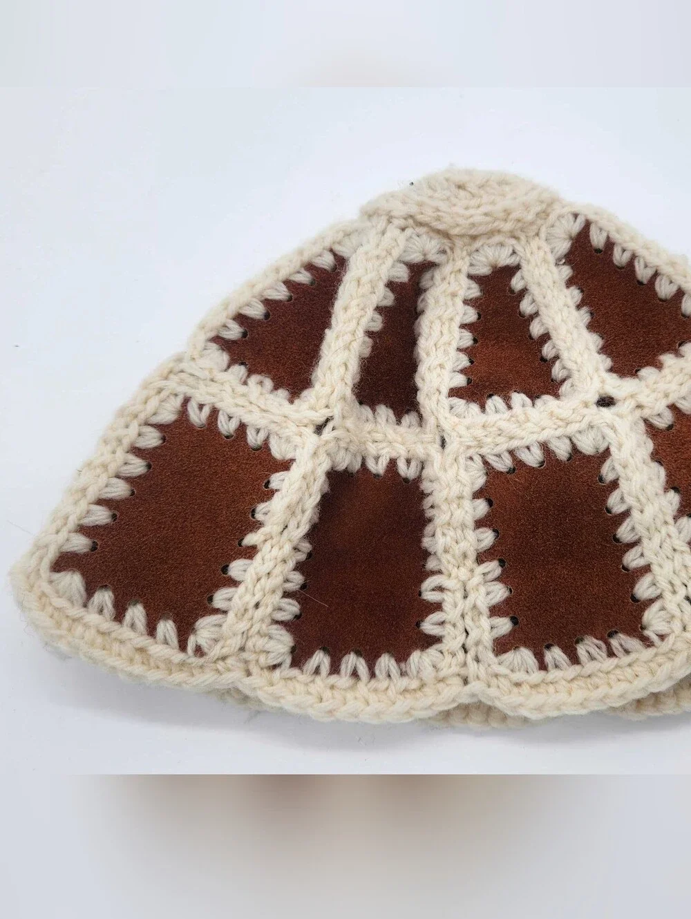 Vintage Handmade Suede Leather Crochet Boho Hippie Festival Skull Cap Hat Adult